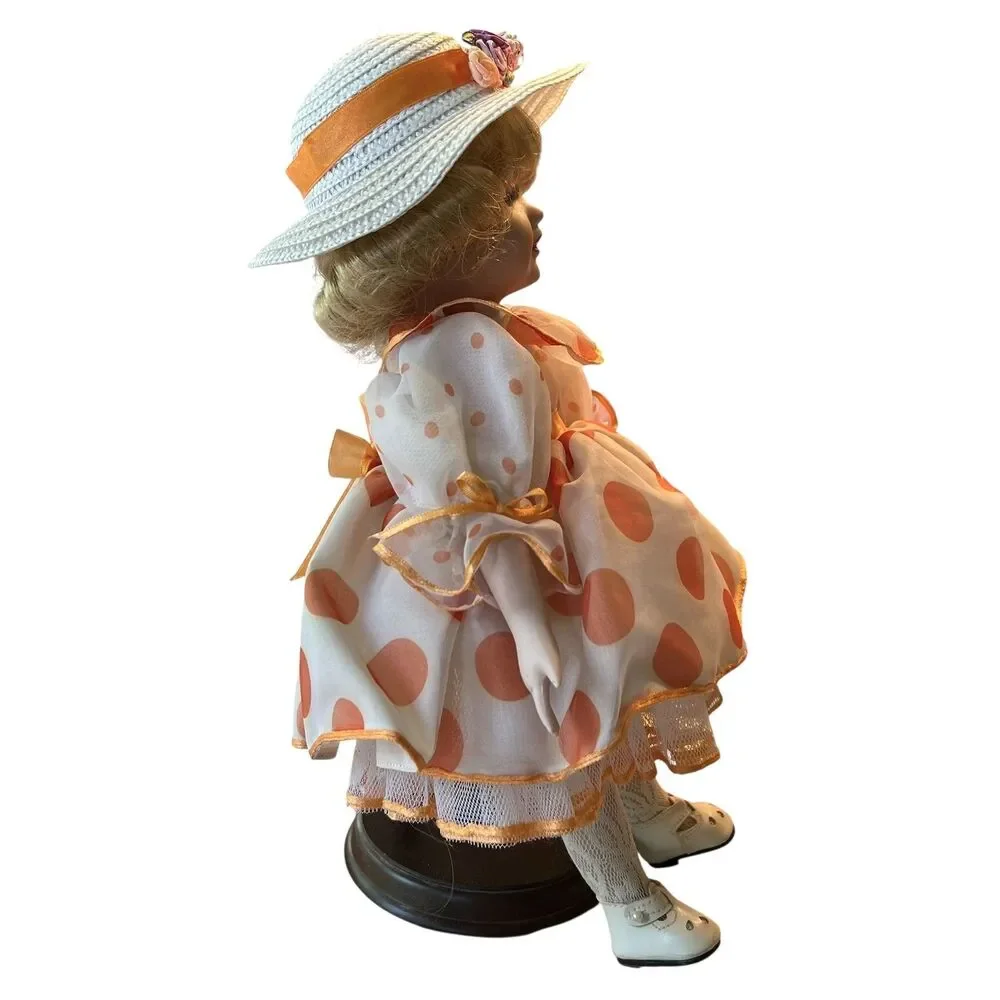 Vtg QVC Porcelain Clara Doll Blonde Blue Eyes Peach Polka Dot Dress Hat Stand